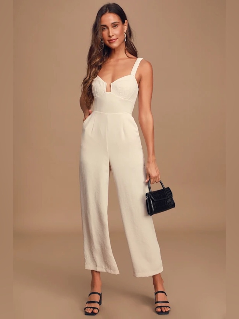 Astr Cream Bustier Wide-Leg Jumpsuit